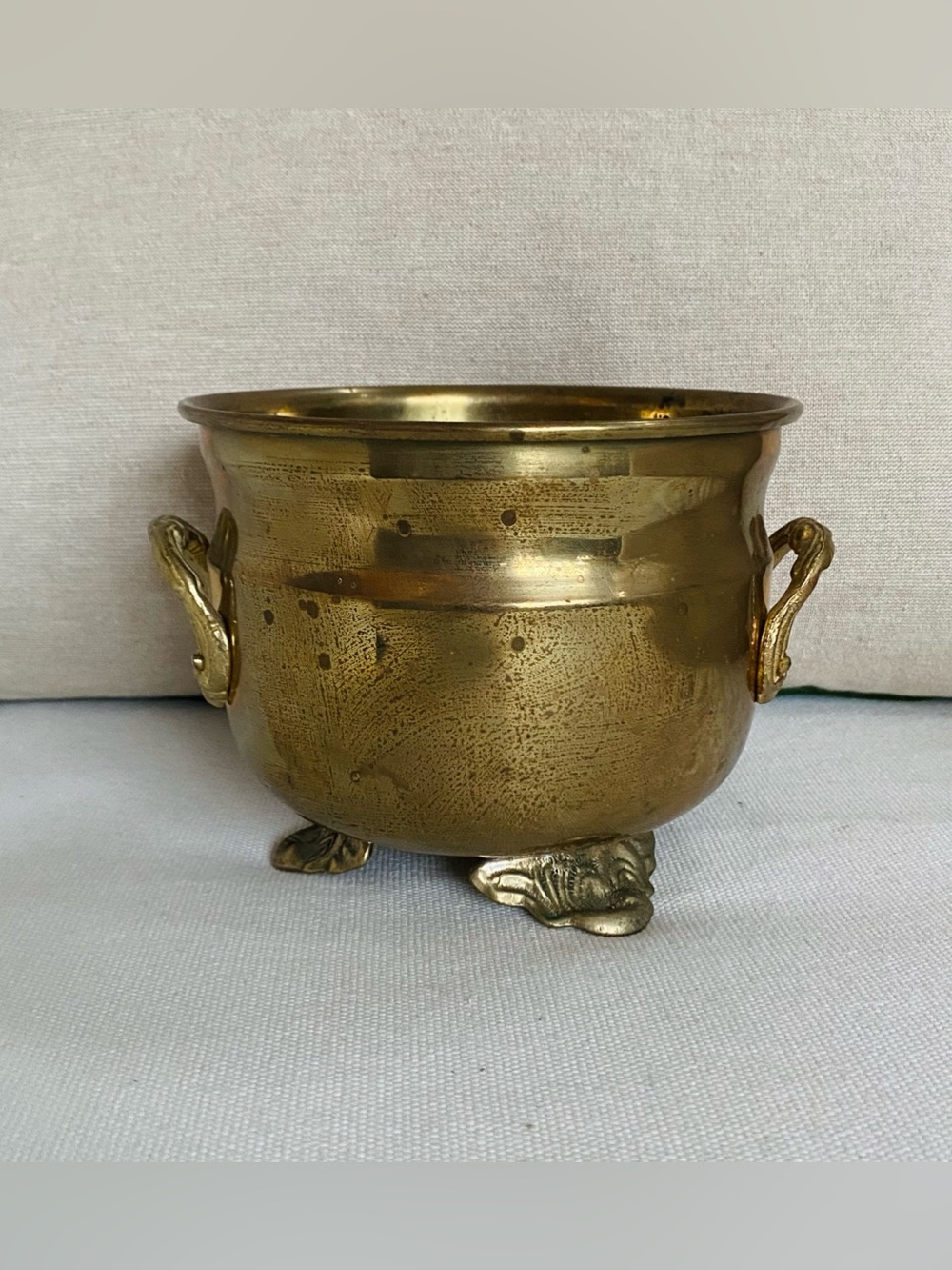 Vintage Brass Footed Cauldron Planter with Ornate Handles 4.5”